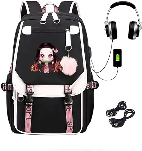 Roffatide Anime skolryggsäck laptop-ryggsäck för flickor pojkar med USB-laddningsport och hörlursport, b