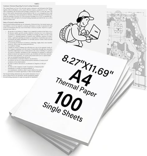 Carta Termica A4 per Stampante,Compatibile con la Maggior Parte delle Stampanti Termiche A4 (210x297mm),Senza BPA e Asciugatura Rapida,Carta Termica per Documenti,Foto,Etichette e Grafiche (100 Fogli)