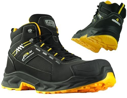 ART.MAS BlackPoint BT Scarpe antinfortunistiche S7S SR FO – Scarpe da lavoro impermeabili con membrana, cappuccio composito, protezione da passo, pelle nabuk, nero, nero/giallo, 44 EU