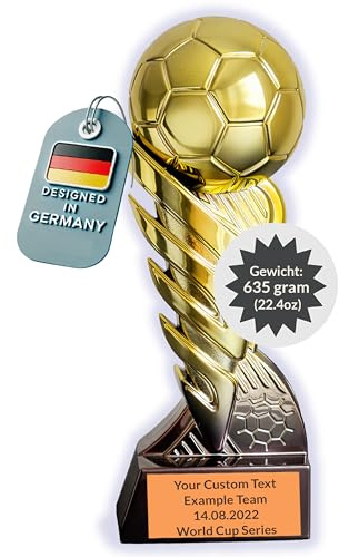 Larius Fußball Pokal Gold mit Ball (21,5 cm, 635 g) – Fußball Trophy mit optionaler Gravur – Siegerpokal für Turniere, Vereine & Fußballwettbewerbe – S3