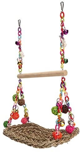 Juguetes Colgantes de césped Marino en Forma de Columpio para Aves, Hamaca de Escalada para Loros con Bolas de ratán Natural y posadero de Madera, Juguete Colgante de Doble Capa