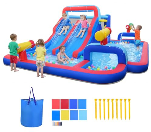 GOPLUS Castillo Hinchable Acuatico para Niños de 3-12 Años, Castillo Inflable 2 en 1 con Pared de Escalada, Cañón de Agua, Piscina, Baloncesto y Tobogán, Casa Inflables Infantil (B Sin Soplador)