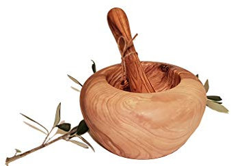 Prosudweb Mortier 16 cm Rond bombé Naturel et Pilon en Bois d'olivier