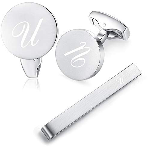 HONEY BEAR Manschettenknöpfe Krawattennadel Set Initialen Buchstabe Herren Edelstahl Hochzeit Cufflinks Manschettenknopf Silber (U Set)