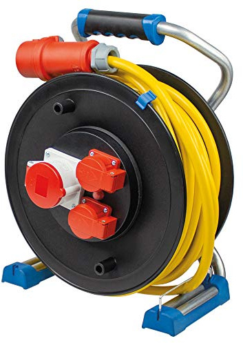 as - Schwabe Xperts enrollacables CEE 25 m AT-N07V3V3-F 5G1,5, IP44 exterior, 2 tomas de corriente con toma de tierra y 1 toma CEE 400 V 5 polos, Interruptor térmico, Made in Germany