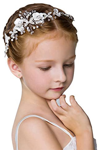 IYOU Prinzessin Weiße Blume Kopfschmuck Perlen Haarkleid Kristall Braut Hochzeit Haarschmuck Kommunion für Mädchen