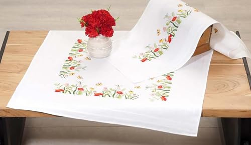 KAMACA Stickpackung Plattstich Stielstich vorgezeichnet Baumwolle komplettes Stickset mit Stickvorlage Stickerei-Kit zum Selbersticken Erwachsene (Blütenwiese mit Schmetterlingen MD 80x80 cm)