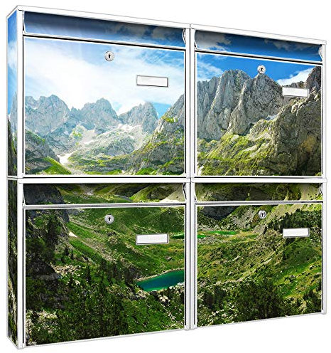 banjado Briefkastenanlage 4 Fach - Postkästen groß - verzinkter Stahl weiß DIN A4 Motiv Bergsee Alpen - Briefkasten Set 4 Briefkästen Namensschild, 2 Schlüssel, Montagematerial