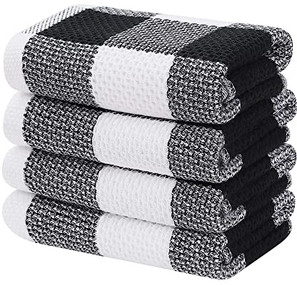 Homaxy 100% Cotton Waffle Weave Check Plaid Kitchen Towels, 13 x 28 Inches, Super Soft and Absorbent Dish Towels for Drying Dishes, 4-Pack, White & Black