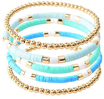 GOOJIDS Surfer Heishi Clay Bead Bracelets for Women Bohemian Stackable Gold Plated Beaded Stretch Bracelets Elastic Layering Friendship Bracelets Set Boho Jewelry