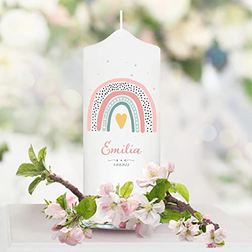 Wandtattoo Loft Taufkerze Mädchen personalisierte Patenkerze, Motiv mit rosa Regenbogen, 18cm x 7cm, personalisierte Kerze, bedruckte Kerze Taufe, Stumpenkerze, Geburtkerze, individuelles Taufgeschenk