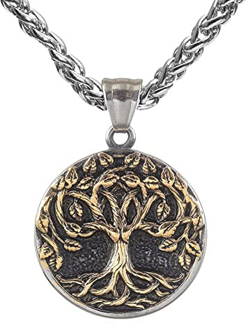 DFWY Collana con Albero della Vita Vichingo Nordico per Uomo - Amuleto con Ciondolo Yggdrasil in Acciaio Inossidabile A Doppio Colore - Regalo di Compleanno di Gioielli Vintage Moda Gotica