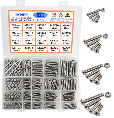 HVDHYY Schrauben Set M3 M4 M5 M6 Zylinderschrauben mit Innensechskant A2-70 Edelstahl-Sechskopf Maschinenschrauben, Muttern Sortiment Kit Senkkopf mit Aufbewahrungsbox 320Stück