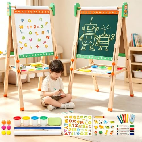 Art Painting Board for Kids,Wooden Double Sided Kids Easel with Whiteboard & Blackboard,Height Adjustable Art Easel with Painting Accessories for Boys and Girls