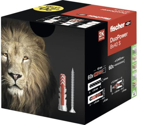 Fischer 60 Duopower Dübel mit Schraube, 8 x 40 mm, für Vollwand, Lochziegel, Gipskarton, 568872 (8 x 40)