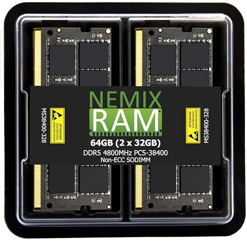 NEMIX RAM 64 GB (2 x 32 GB) DDR5 4800 MHz PC5-38400 2Rx8 1.1V CL40 262-PIN sin ECC sin búfer SODIMM Kit de memoria para ordenador portátil