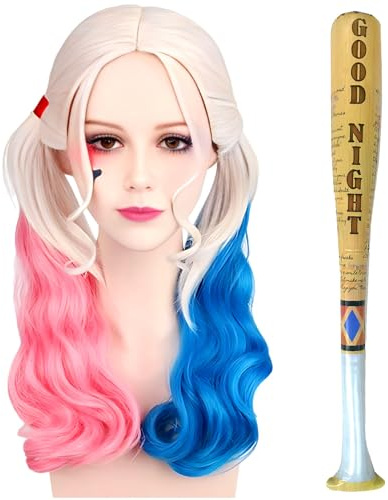 Karneval Cosplay Perücken,Rosa und Blau Mit Zwei Pferdeschwänzen | Kostümparty Karneval Cosplay Perücken,Aufblasbarer Baseballschläger für Karneval Halloween Fasching Kostüme Party