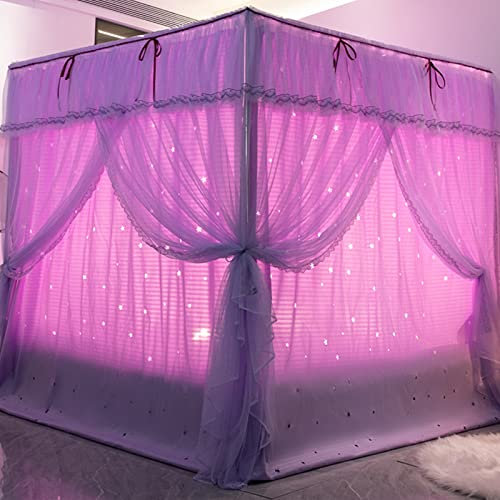 UNICOKA Niedliche Prinzessinnen-Vorhang mit hohlen Sternen, 4 Eckpfosten, Betthimmel-Vorhang mit Sternenhimmel, für Erwachsene, Mädchen, Jungen, Betthimmel, Kinderbett, Schlafzimmer-Dekoration (lila