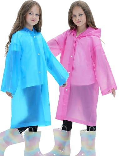 Borogo 2 Pack Raincoats for Kids, Reusable Rain Ponchos with Hood and Sleeves Rain Coats for Boys and Girls Pink&Blue