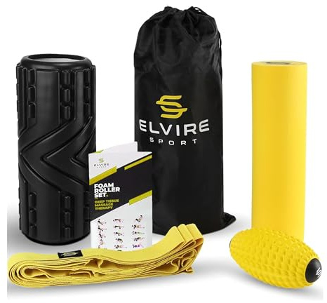 ELVIRE Physio Edition Skumroller Set för Djupvävnadsmassage - 4-Delars Massageset med Strukturerad Foam Roller, Oval Massagerulle och Stretchband - Lindrar Smärta i Rygg, Ben och Axlar