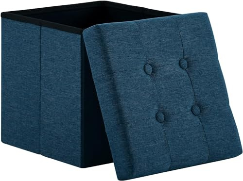 Madera Nieve Banco con Almacenamiento, Banco Acolchado, Taburete, baúl con Capacidad de Carga de hasta 300 kg, 38 x 38 x 38 cm (Lino) (Azul Marino)
