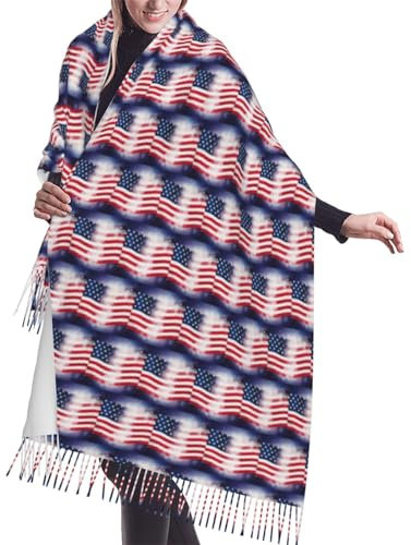 VTCTOASY Damenschals mit amerikanischer Flagge und Sternen bedruckt, warme Winterschals, modische Quaste, Schal, Wraps für drinnen und draußen, Schwarz, Einheitsgröße, Schwarz, EinheitsgröÃŸe