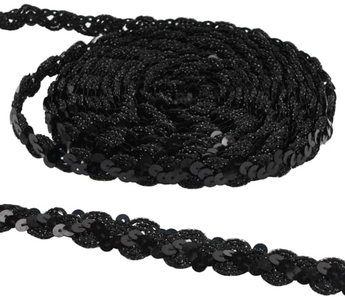 15M Nastro di Paillettes Nero, Lucido Cucito Paillette Nastro, 6 MM di Paillettes Piatte con Lustrini, Elastico Paillettes Trim per Halloween Abito a Sirena Abbellisci Costume (Nero)