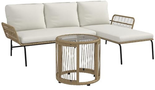 Outsunny 3-TLG. Rattan Gartenmöbel-Set, Gartengarnitur mit Liegestuhl, Couchtisch, Zweisitzer, Gartenset mit Sitzkissen, Balkonmöbel-Set für Garten, Terrasse, Creme