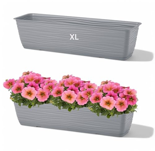 MELTOM Blomkruka blomlåda med hållare balkonglåda vågor 3D-effekt med underlägg (grå, XL – 60 cm)