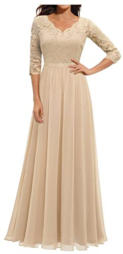 Generic Damen Cocktailkleid Lang Spitze Spitze V-Ausschnitt Brautjungfernkleider Ballkleid Bodenlang Langarm Cocktailkleid Trendyol Damen Kleid Schickes Festlich Beige XL