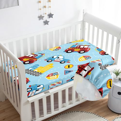 Odot Spannbettlaken für Kinderbett Babybett, Spannbetttuch aus Mikrofaser Atmungsaktiv Bettlaken Bassinet Spannbettlaken Kinderwagen Stubenwagen Matratzenschoner -Blaues Auto, 80x160cm