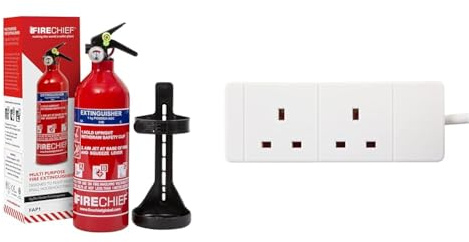 Multi Purpose Powder Fire Extinguisher – Ready to Use in Seconds – 1kg ABC Fire Extinguisher & PRO ELEC PELB1510 2 Gang Extension Lead 3m, White