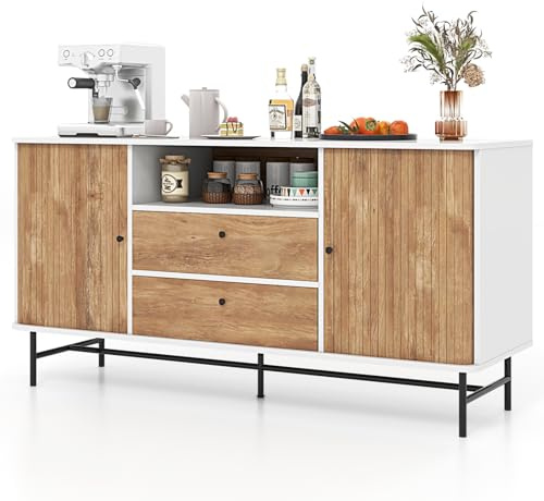 GIANTEX Sideboard Lowboard Wohnzimmer, Buffetschrank Küchenschrank Fernsehschrank mit Schiebetüren & 2 Schubladen, Buffet Holz mit Metallbeinen, Küchenbuffet mit Kippschutz, Anrichte 150 x 45 x 74 cm
