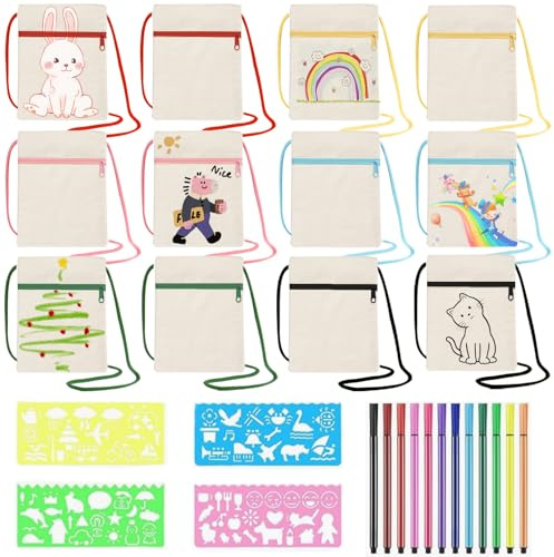 Joycabin 12 Stück Stoffbeutel zum Bemalen 18 x 12 cm | DIY Blanko Stoffbeutel, Umhängegeldbeutel mit 12 Farbe Stiften und 4 Malschablonen,Stofftaschen für Schule,Party,Geschenk
