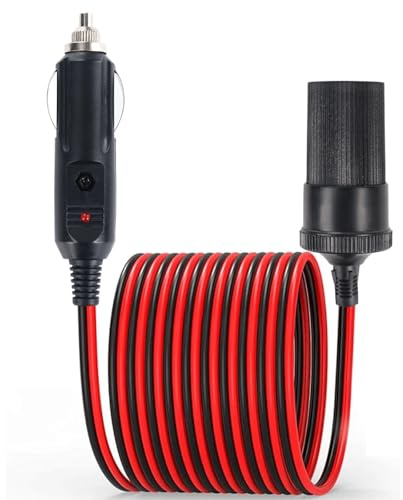 16FT/5M Car Cigarette Lighter Extension Cord, 16AWG Heavy Duty Male Plug to Female Socket Adapter with LED Indicator and 15A Fuse, for 12V/24V Trucks, Vans, RVs, Portable Equipment