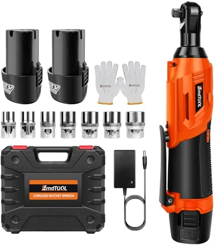 HSHa Clé à Cliquet Sans Fil, 40N.m 3/8 Pouces Kit de Cliquet, 2 batteries Li-ion de 1,5 Ah, chargeur rapide, 12V Clé à Cliquet électrique avec Lumière LED et 7 prises et boîte de Rangement