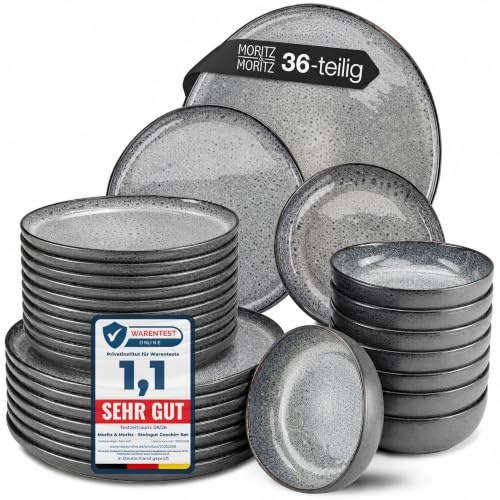 Moritz & Moritz Steingut Geschirrset 12 Personen Grau 36-Teilig - Steingut Teller Set bestehend aus 12x Dinnerteller, 12x Dessertteller, 12x Suppenteller - Serie Organic