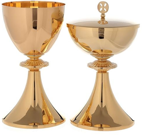 Holyart Calice et ciboire en Laiton doré Brillant 24K avec Noeud moulé, Calice