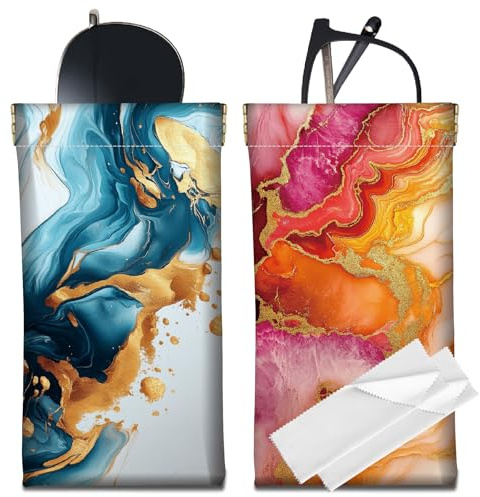CREATCABIN 2 Stück Schmales Brillenetui Leder Tragbar Weich Sonnenbrillenetui Quetschverschluss Brillenhalter Reisetasche Wasserdicht Mit Reinigungstuch Geschenk Für Frauen Männer Urlaub Marmor 18x9cm