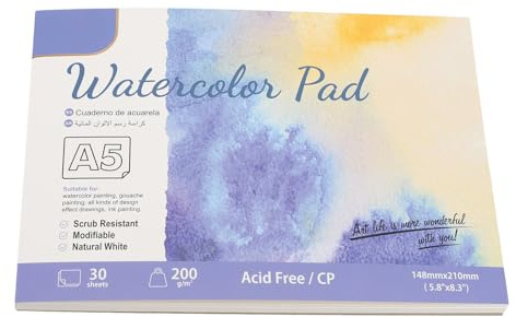 Bloc Papel para Pintura de Acuarela, 30 Hojas de Grano Medio, Hecho de Algodón Puro Excelente Absorción para Diversas Técnicas Artísticas para Pintura Al Aire Libre Viajes