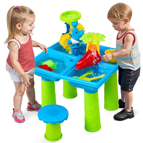 Warmiehomy Sand and Water Table for Toddlers 3-5, Kids Outdoor Play Table with Stool, 4 in 1 Activity Sensory Tables, Accessories Summer Backyard Outdoor Beach Toy for Boys Girls Age 3 4 5