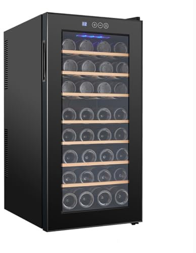 TT-YEC Grande Frigorifero per Vino Indipendente con Controllo Digitale della Temperatura da 11 A 18°C, Porta in Vetro Temperato, Cantinetta per Vino da 32 Bottiglie,A