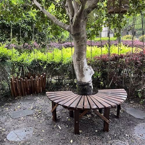 Bank aus karbonisiertem Holz um einen Baum, halbrunde Gartenbänke ohne Rückenlehne, wetterfeste Sitzmöbel für draußen, 120 cm Außendurchmesser