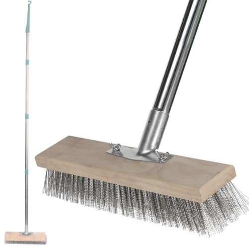 Stahldrahtbesen 30cm mit Teleskopstiel 175cm, 45°-Winkel, Drahtbesen zur Moosentfernung, Terrassenbürste zum Entfernen Hartnäckigen Gartenmoos Flecken Unkraut für Deck Schwimmbad