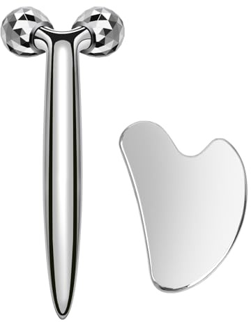 3D Edelstahl Gesichtsroller & Gua Sha Set (2-in-1),Metall Massagegerät für Gesichtslifting, Anti-Falten, Lymphdrainage, Jawline Training und strahlende Haut