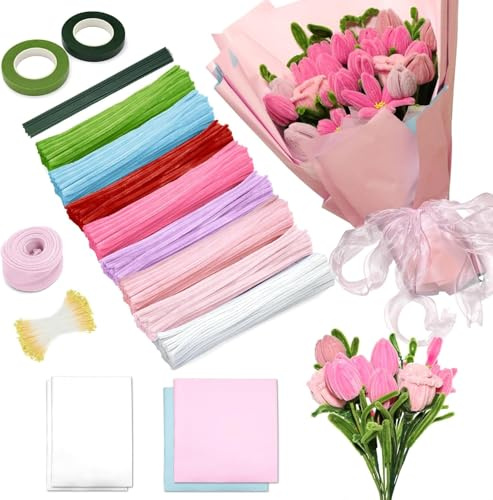 IJIAMY 500 Stück Pfeifenreiniger Blumen Set, Pfeifenputzer Blumen Zum Basteln, Mit Grüne Blumenstöcke, Klebebandrollen, Klebestifte (Rosa)