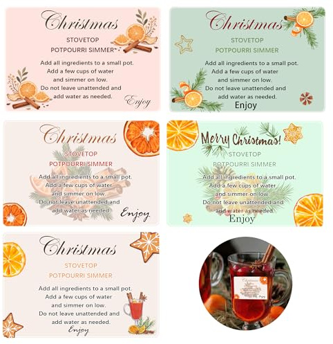 Calcomanías de regalo de popurrí para estufa de Navidad, 100 unidades, instrucciones de popurrí a fuego lento, instrucciones (idioma español no garantizado) para estufa, calcomanías de instrucciones