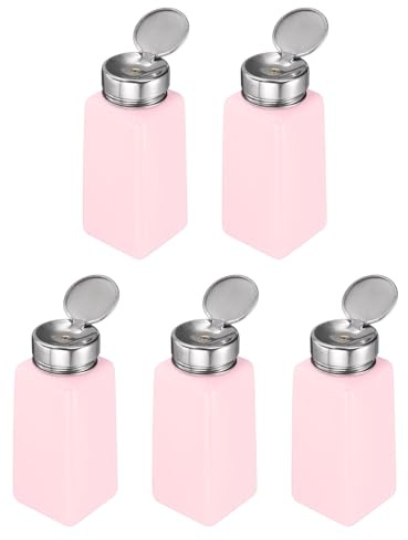 sourcing map 5pcs Solvent Alcohol Dispenser 250ml(8.5oz) Nail Polish Remover Push Down Liquid Dispenser Pump Bottle with Stainless Steel Press Head for Acetone Solution, Pink