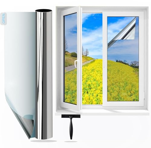wonderffolie Heat Reflective Window Film Privacy Film for Glass Windows, One Way Mirror Tint Sticker Sun Blocker, UV Glass Sticker Mirror Film Heat Reflector Thermal Solar Silver 100x400cm
