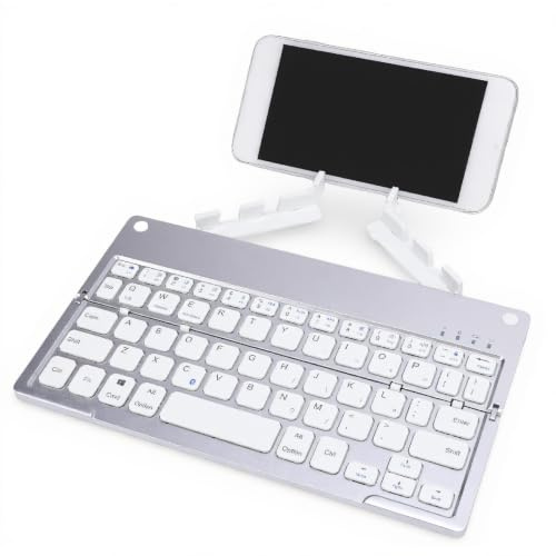 Jectse Faltbare Bluetooth-Tastatur, kleine, leise, tragbare, Faltbare, kabellose Tastatur mit Ständerhalterung, 60 Tasten, für OS & Android, für Wins, für Telefone,Tablet&Laptop (Silberweiß)